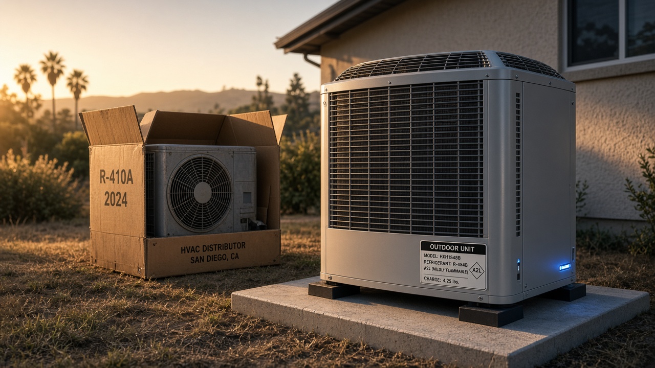 A2L outdoor unit on a pad next to a boxed 2024 R-410A condenser from a San Diego HVAC distributor