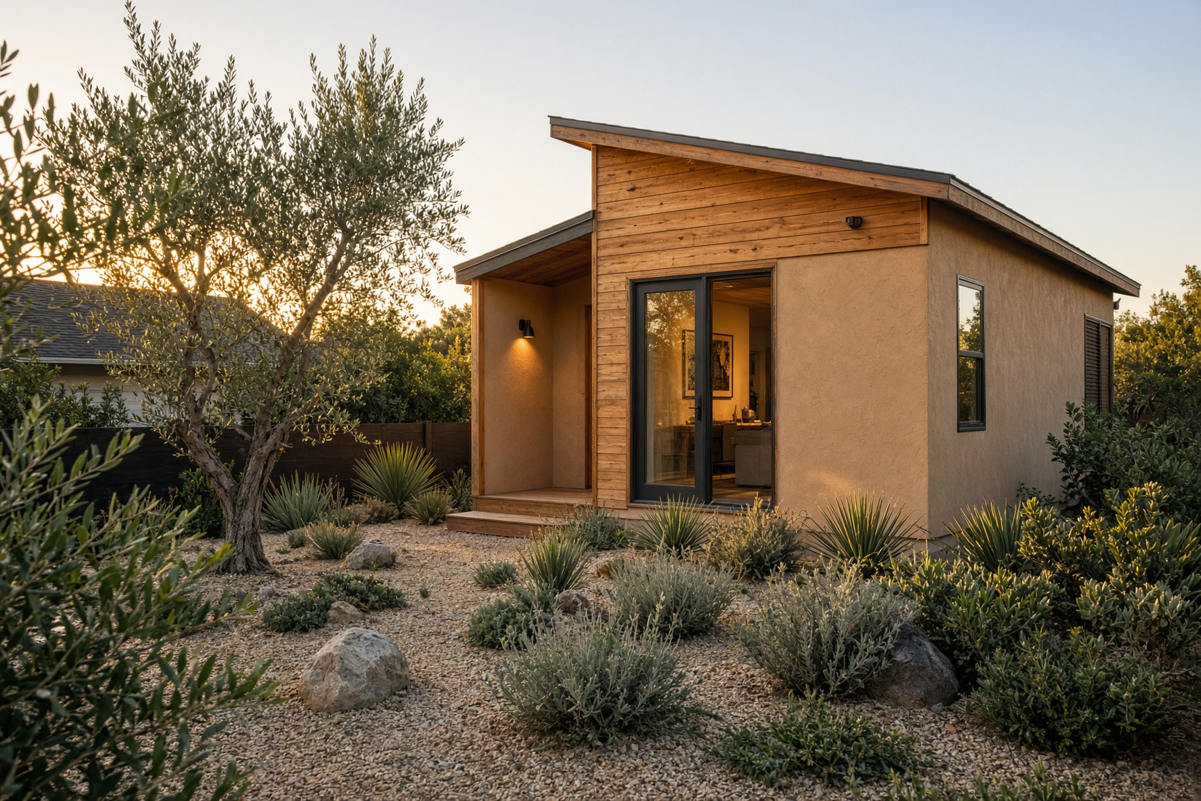 A compact San Diego backyard ADU with cedar siding and a drought garden