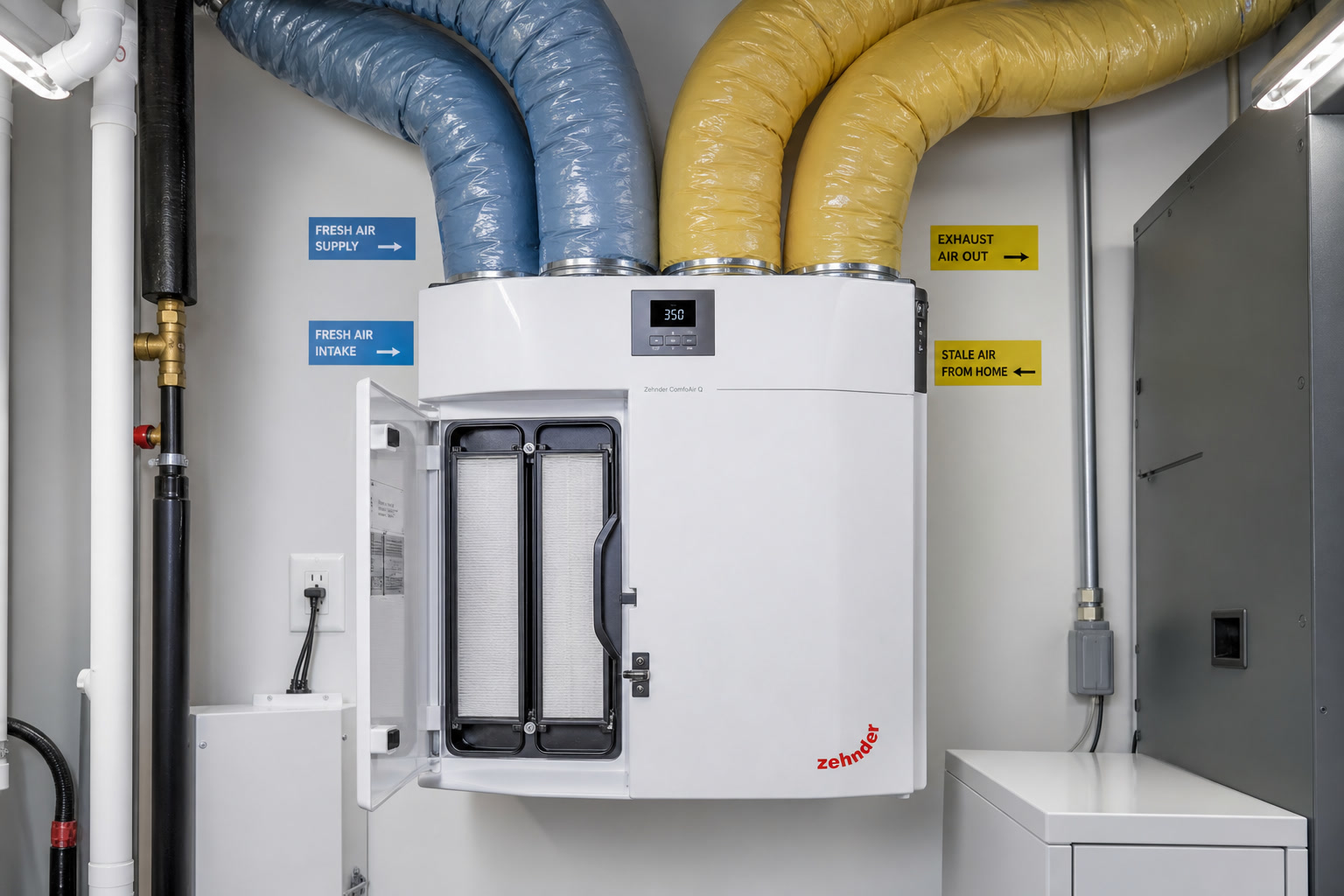 A Zehnder ERV with labeled fresh-air and exhaust ducts and the filter door open