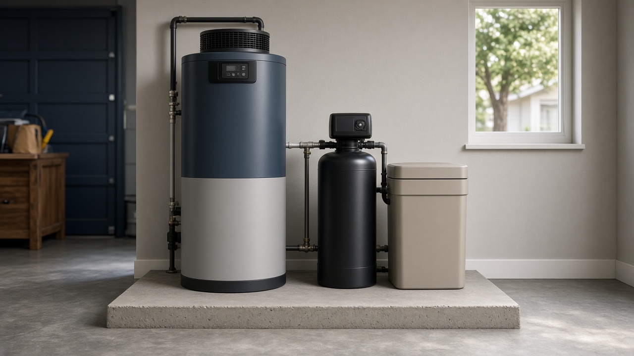 Heat pump water heater protected by a whole-house softener
