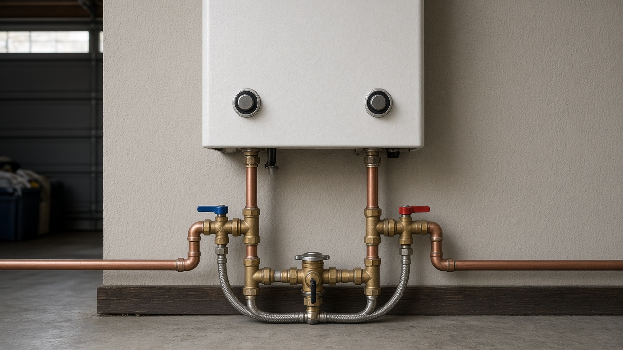 Isolation valves and flush fittings on a tankless heater