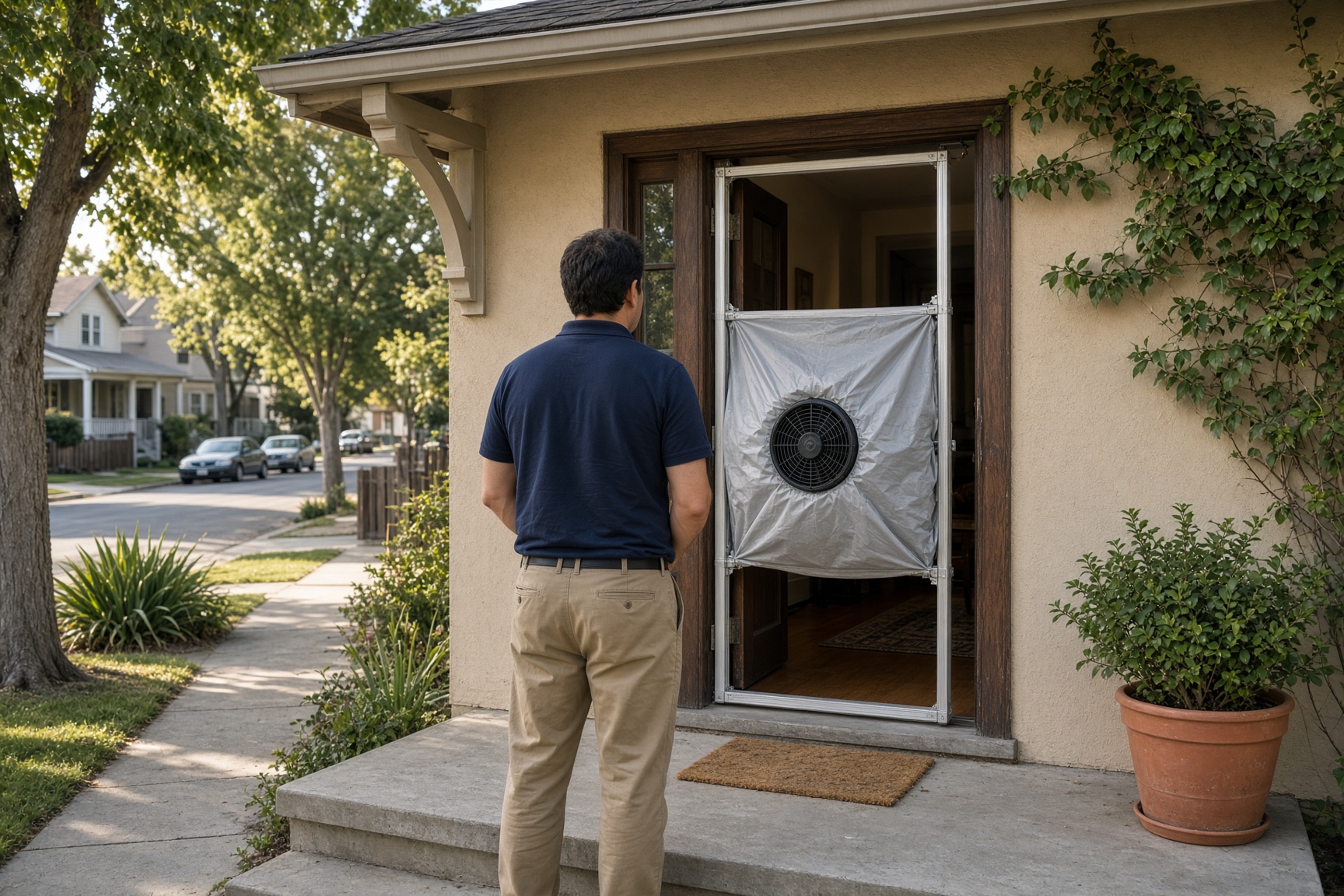 A HERS rater installing a blower-door frame in the doorway of a California bungalow