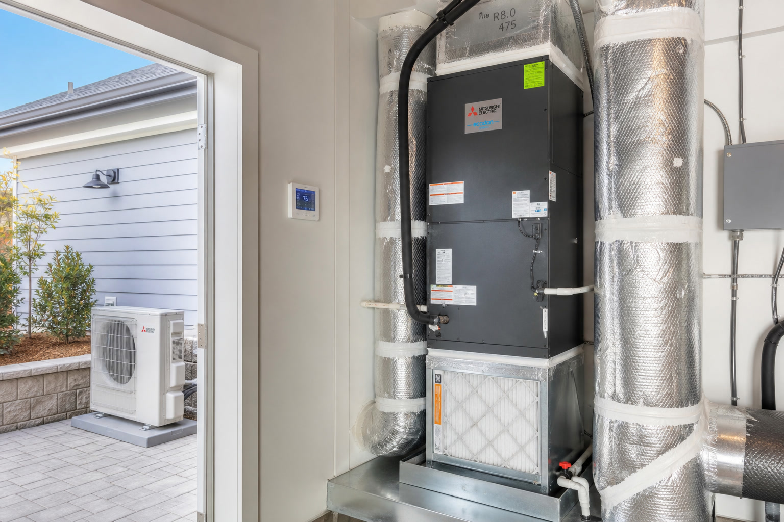 Heat-pump air handler with insulated ducts and an outdoor condenser seen through an open doorway
