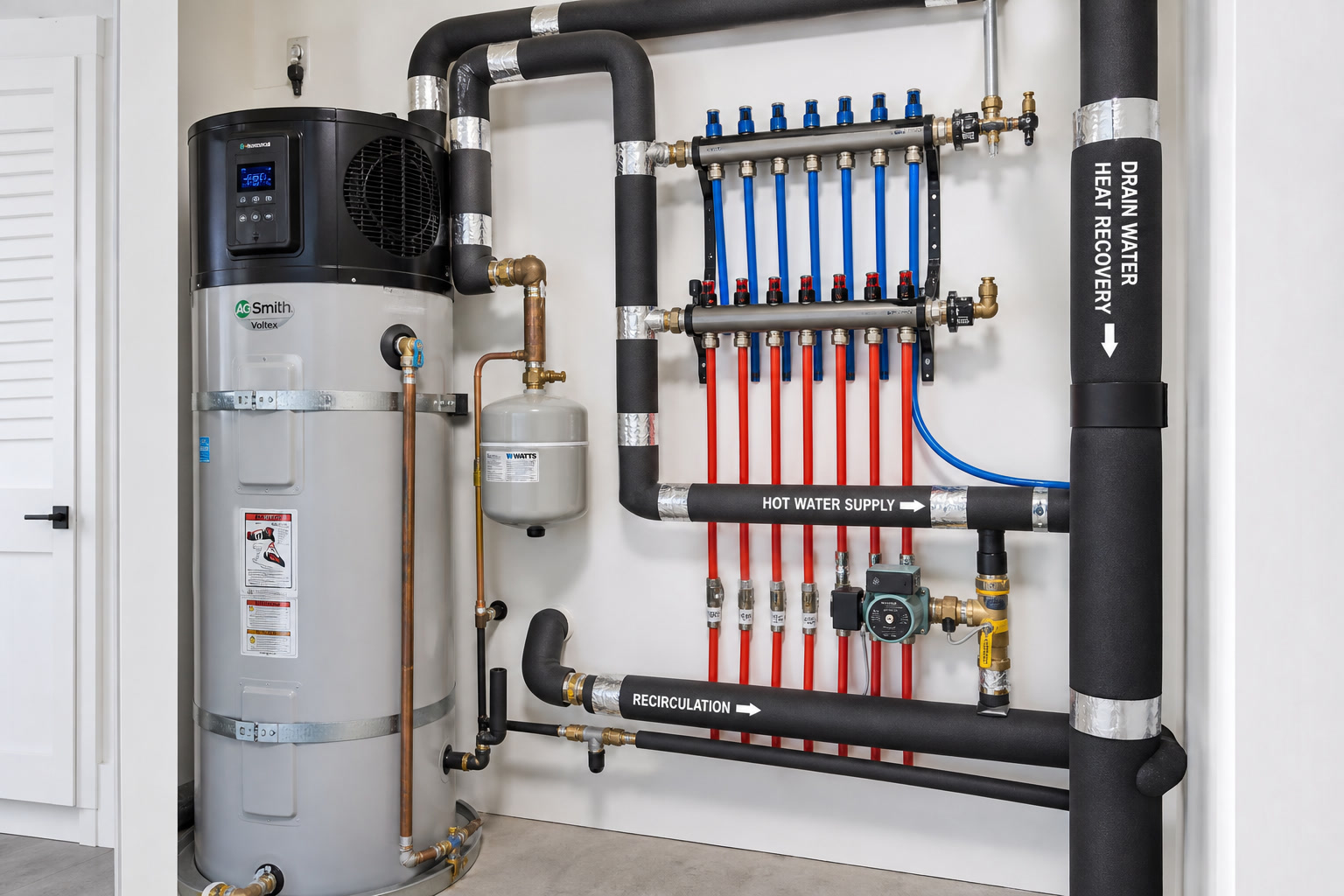 Heat-pump water heater with labeled insulated piping, manifold, and recirculation loop