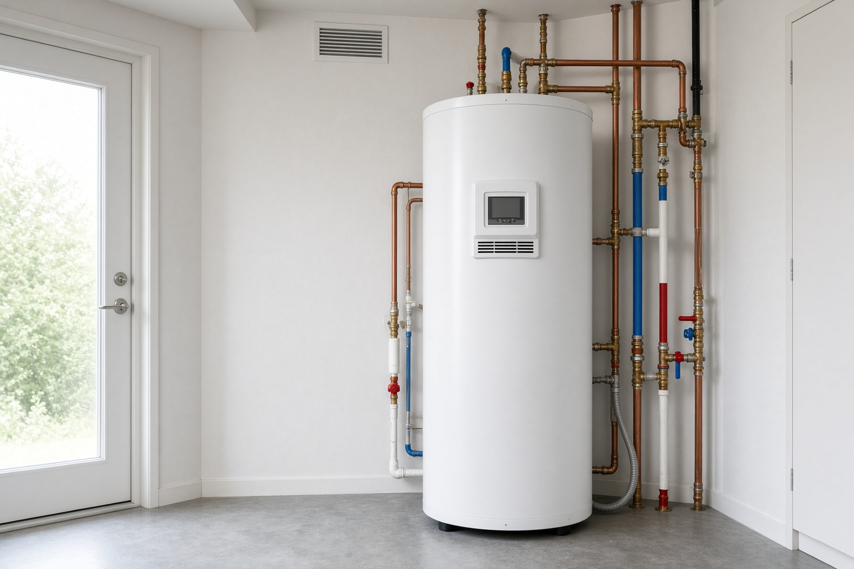 A clean residential mechanical closet with a heat-pump water heater and orderly piping