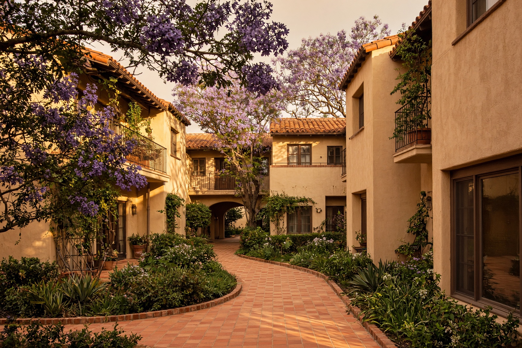 A Southern California courtyard apartment building in late light