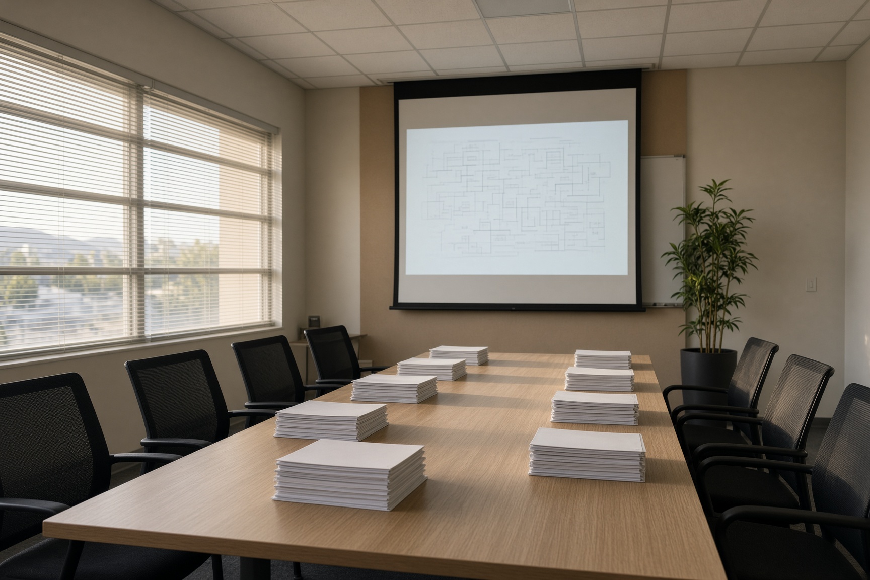 A municipal training room with energy-code binders arranged on a long table